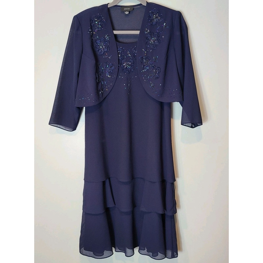 Vtg Midi Dress Set Women Size 18 Layered Navy Blue Wedding Guest Mother Of Y2K